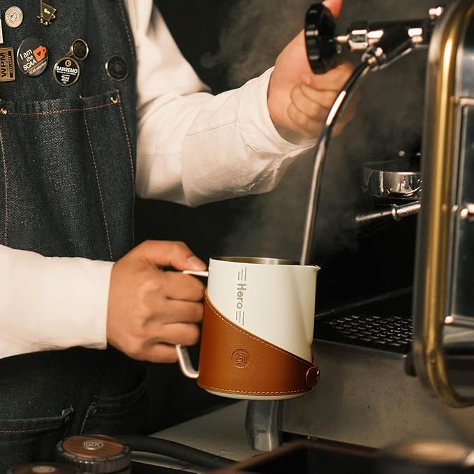 Milk Frothing Pitcher 450ml/16oz 304 Stainless Steel Espresso Steaming Pitcher with PU Leather, Milk Frothing Jug,milk frother cup,Milk Jug Cup,Premium Barista Tools,Latte Art (WHITE,16oz)