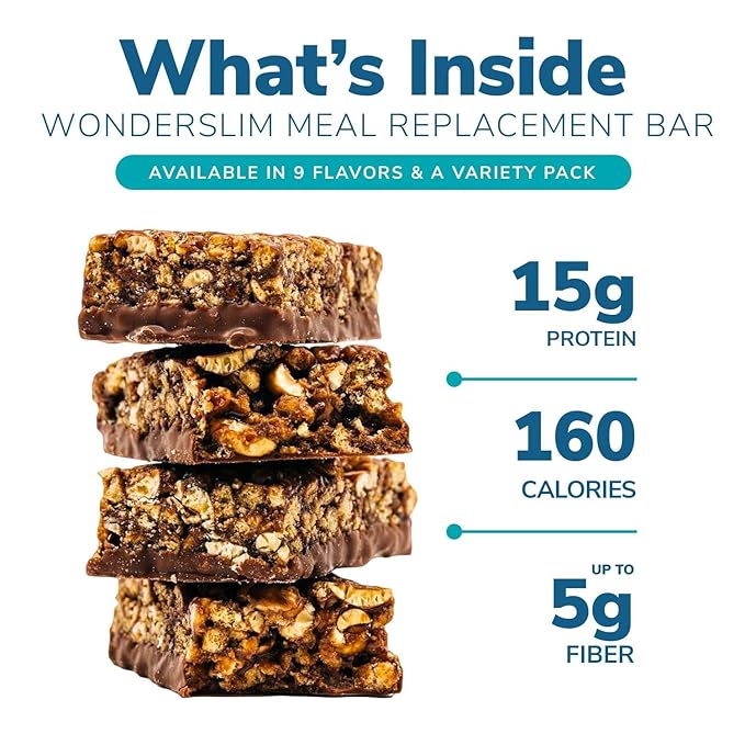 WonderSlim Meal Replacement Protein Bar, Peanut, 15g Protein, 20 Vitamins & Minerals, Gluten Free (7ct) (Pack of 2)