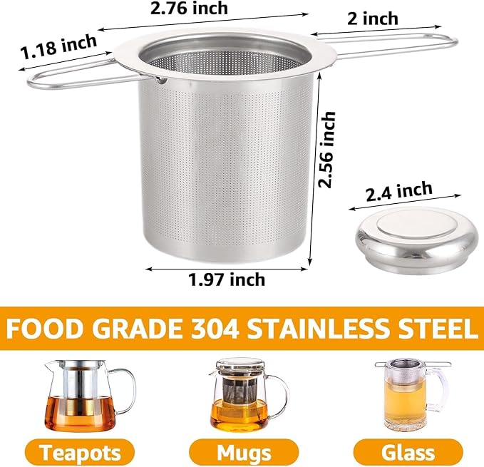 4 PCS Tea Strainer with Lid 304 Stainless Steel Tea Infuser Basket for Loose Tea Extra Fine Mesh Tea Diffuser Long Handle Tea Strainers Filters for Hanging on Teapots Mugs Cups