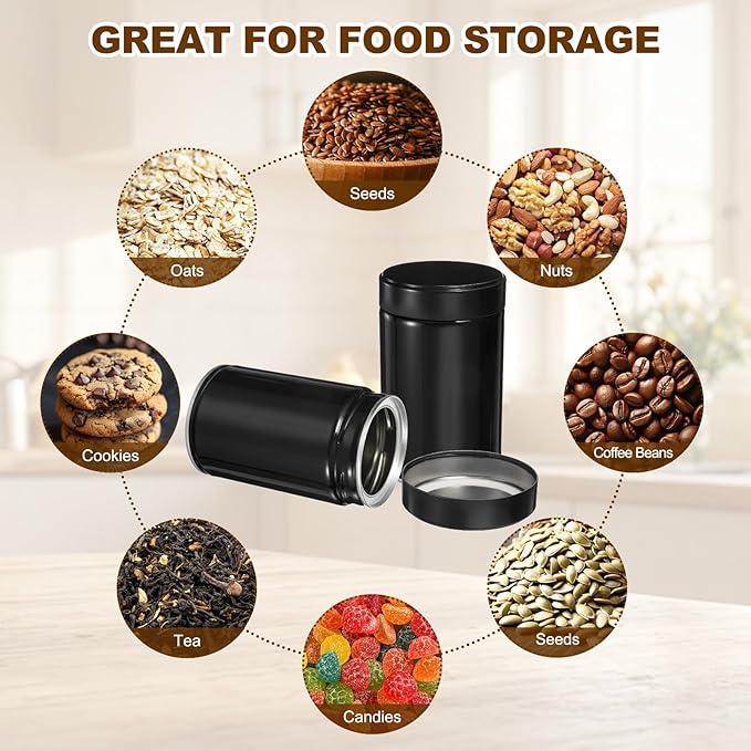 uxcell 2Pcs Round Tea Canisters, 5" x 3" Airtight Metal Tea Containers for Loose Tea, Coffee Beans, Spices - Durable, Compact, and Stylish Storage Tea Tin (Black)