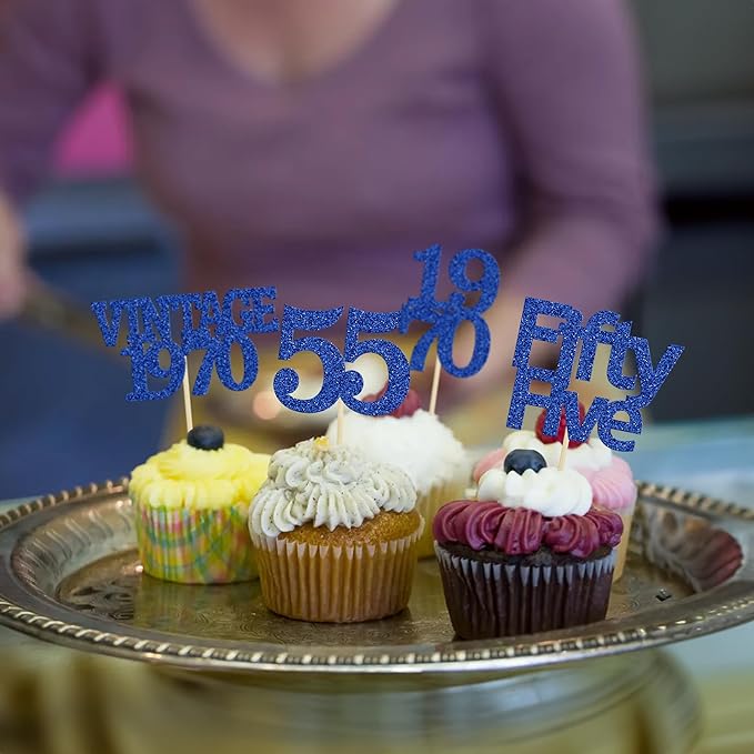 Gyufise 24Pcs Vintage 1970 Cupcake Toppers Glitter Cheers to 55 Fabulous Fifty Five Cupcake Picks 55th Birthday Wedding Anniversary Party Cake Decorations Supplies Deep Blue