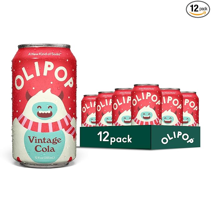 OLIPOP Prebiotic Soda Pop, Vintage Cola, Pantry Pack Packed with Prebiotics, Fiber, and Botanicals, Gluten Free, Vegan, GMO Free, 12oz (12-Cans)