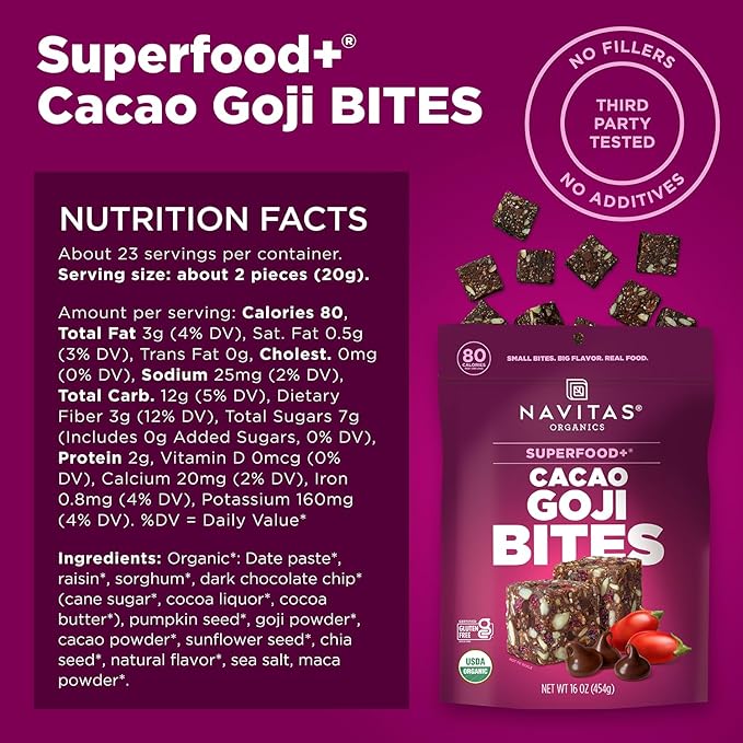 Navitas Organics Superfood Power Snacks, Cacao Goji, 16 oz. Bag, 23 Servings - Organic, Non-GMO, Gluten-Free