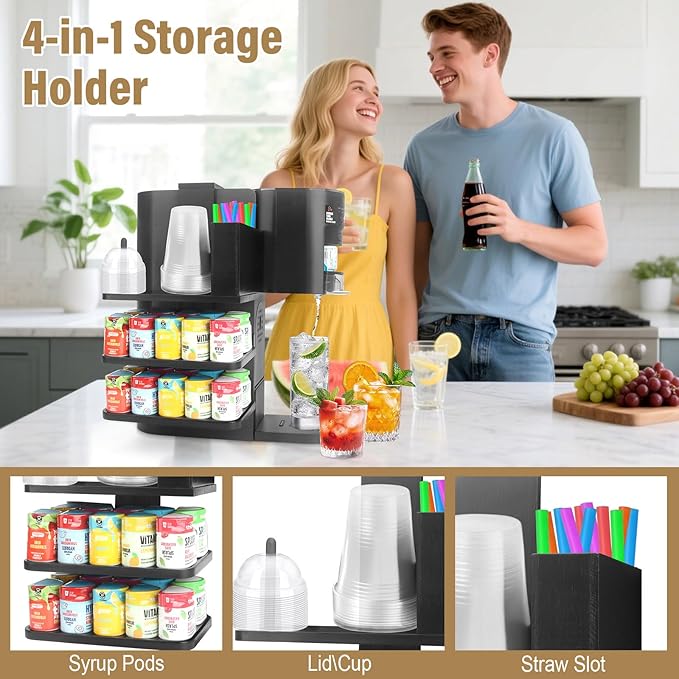 Flavor Pods Holder Compatible With Ninja Thirsti,4-in-1 Flavor Storage Holder with Straw Slot & Cup and Lid Storage,Side-Mounted Wooden Organizer Holds 20 Pods for Ninja Thirsti WC1001 Drink System