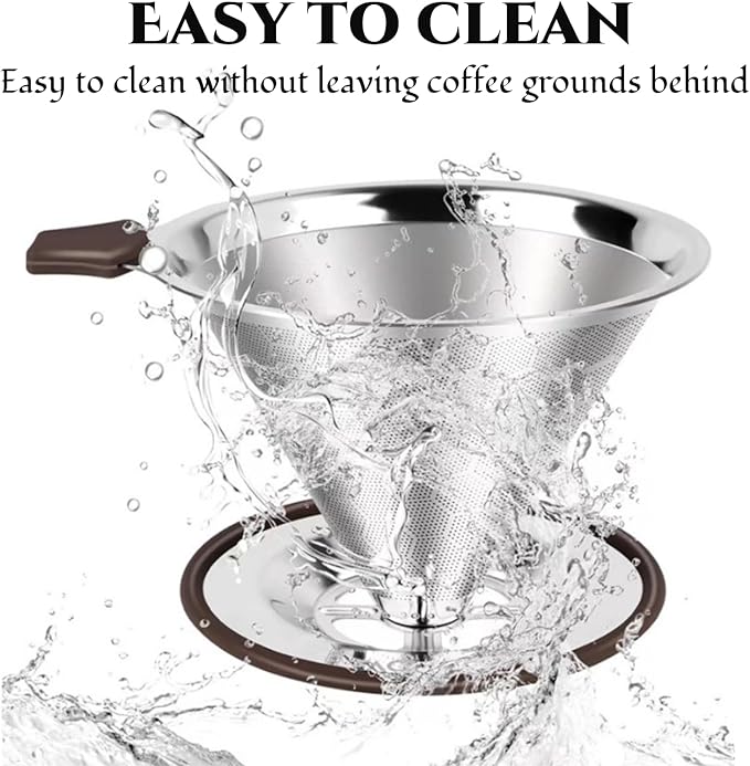 Reusable Paperless Coffee Filter V60,Coffee Dripper,Professional Stainless Steel Drip Cone Brew Coffee Strainer,Double Micro Mesh Filter,Coffee Filter Mug,Silicone Handle & Non-Slip Silicone Base (S)