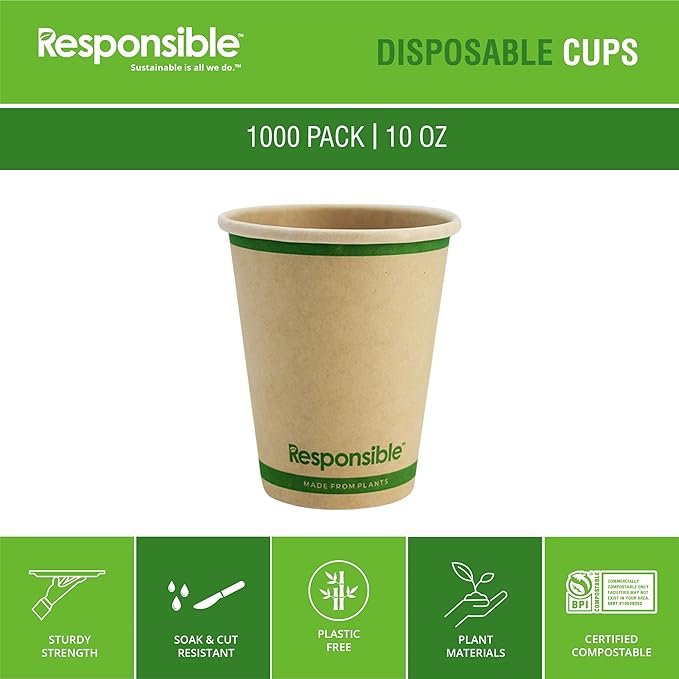 10 oz Paper Hot Cups Bulk, Tree-Less™ Compostable Paper Coffee Cups, Extra Strength, Tree-Free and Made Without PFAS, Natural Brown (1000 Count)