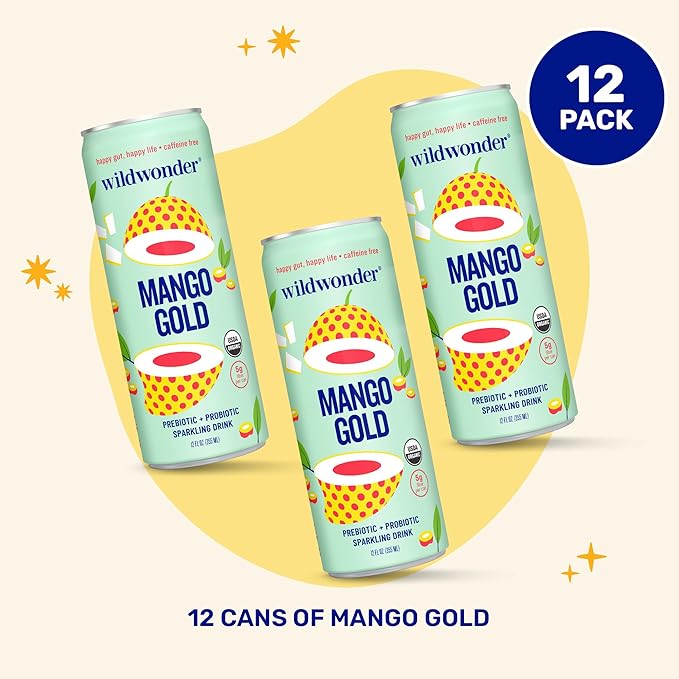 wildwonder Sparkling Probiotic Drink 12pk, For Gut Health & Immune Support, Mango Gold, 5g Prebiotic Fiber, Live Probiotics, Organic, Vegan, Low Sugar, 12 Pack, 12oz Can, As Seen on Shark Tank
