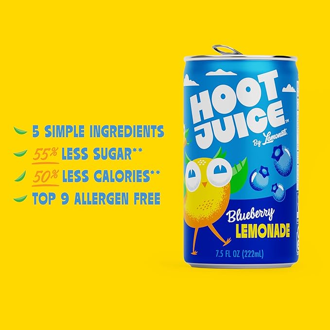 Hoot Juice Blueberry Lemonade By Lemonati, No Artificial Sweeteners or Flavors, Gluten-Free, Kosher, Non-GMO, Vegan, 7.5 Fl Oz Mini-Cans, Pack Of 24, Blueberry Lemonade