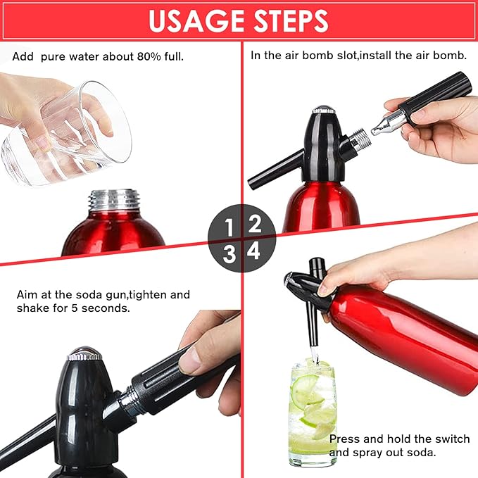 1L Portable Home Soda Maker – Aluminum Soda Siphon, Vintage Seltzer Bottle for DIY Homemade Carbonated Drinks, Sparkling Water Maker for Healthy Soda Water & Cocktails (Red)
