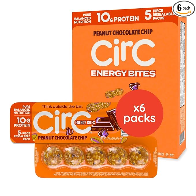 CirC Energy Bites - 6 Pack Peanut Chocolate Chip Gluten Free Protein Balls -10g Protein, Whole Grains, Nuts & Fruit - Portable Healthy Snacks for Adults & Kids, 5 Piece Resealable Packs