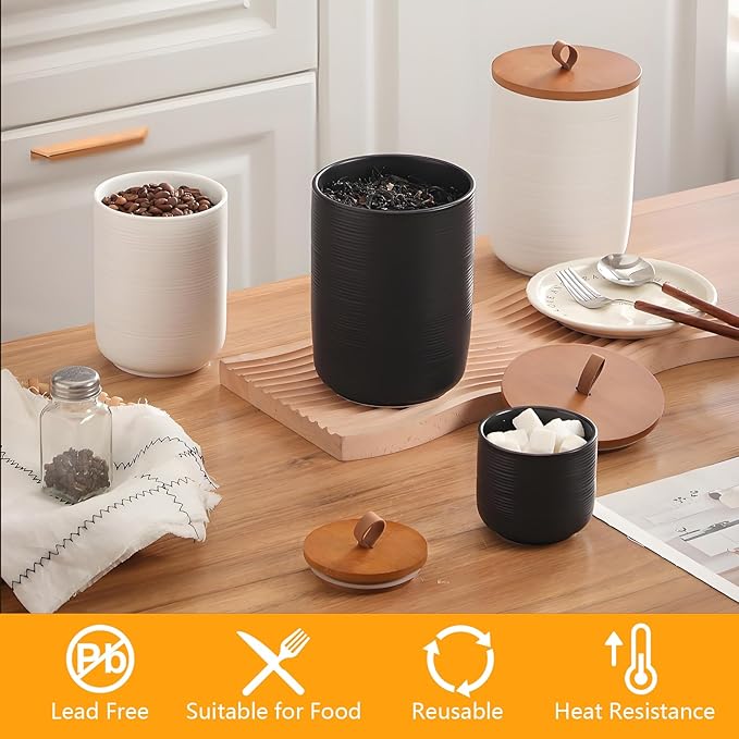 Food Storage Jar Strong Ceramic Storage Canisters with Airtight Wooden Lid,Kitchen Storage Containers for Serving Coffee Beans, Tea, Sugar, Salt, Spices (Black three-piece set)