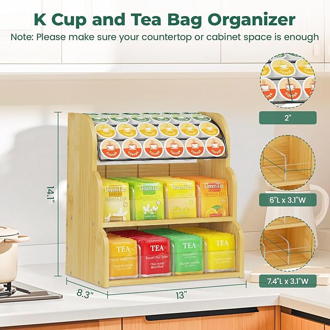 EsLuker.ly Tea Bag Holder Coffee Pod Organizer for Countertop Cabinet, Bamboo 3 Tier Teabag Packet Display Shelf and K Cups Rack Stand for Tea Bar & Coffee Station Storage, Save Space Elegantly
