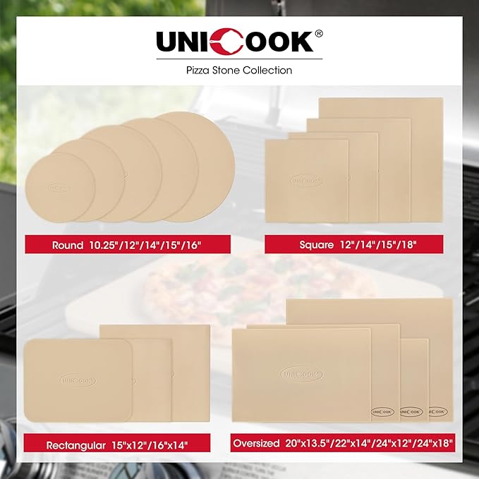 Unicook Pizza Stone for Oven and Grill, Rectangular Baking Pan 15 Inch x 12 Inch, Cordierite Large Cooking Oven Stone with Plastic Dough Scraper, Thermal Shock Resistant Pizza Pan