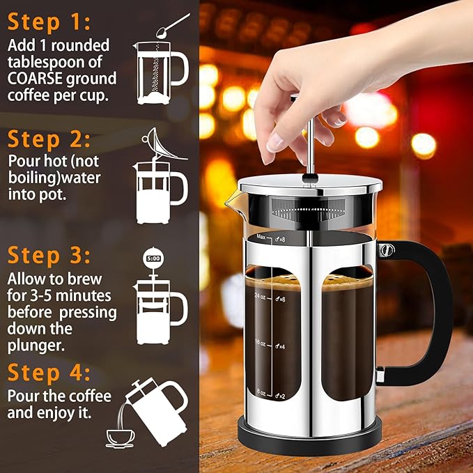French Press Coffee Maker (34oz 1Quart 5-6Cup) Coffee Press, with 4 Filters System, Heat Resistant Thickness Borosilicate Glass, Cold Brew Coffee Tea Pot Gifts (Silvery)