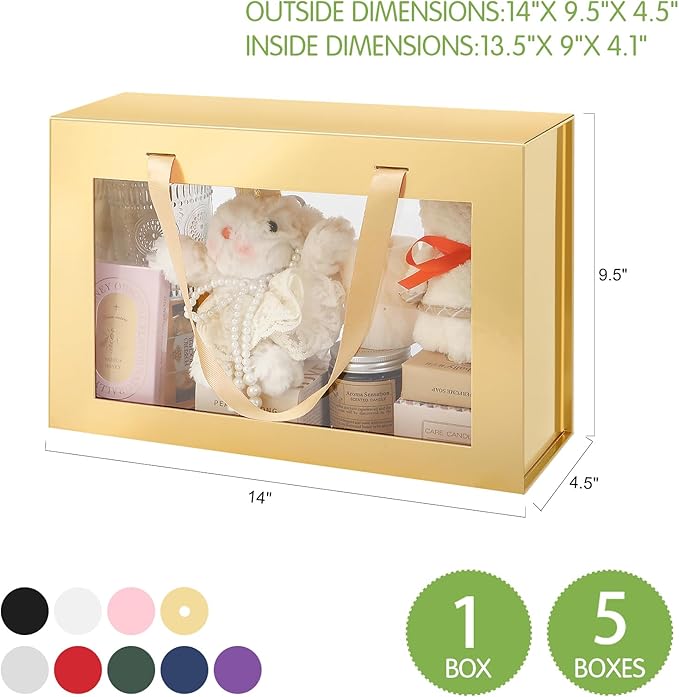 Large Gold Clear Gift Box, 13.5x9x4.1 Inches Gift Box with Window by Handle, Bridesmaid Proposal Box, Collapsible Gift Box with Magnetic Closure (Glossy Gold, 1 Pack)
