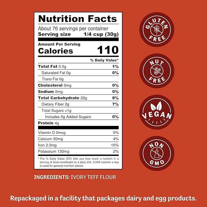 Judee's Ivory Teff Flour 5 lb - Non-GMO, Vegan, Made in USA - Resistant Starch - Great for Making Quick Teff Bread, Injera, Muffins, Pancakes, and Cookies - Gluten-Free and Nut-Free