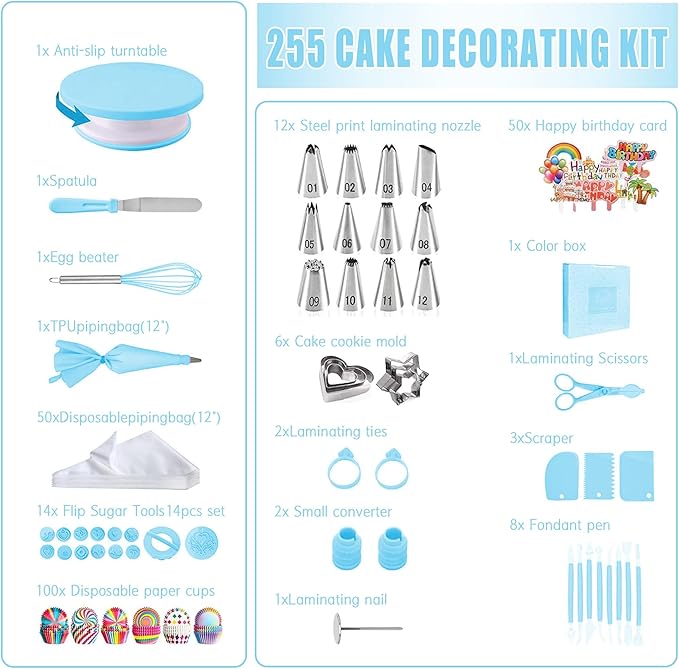 Cake Decorating Supplies Kit Tools 255pcs, Cake Decorating Set with Cake Turntable, 12 Numbered Icing Piping Tips, Cookie Cutters, Icing Smoother & Other Accessories for Cake Decoration (Blue-255 PCS)