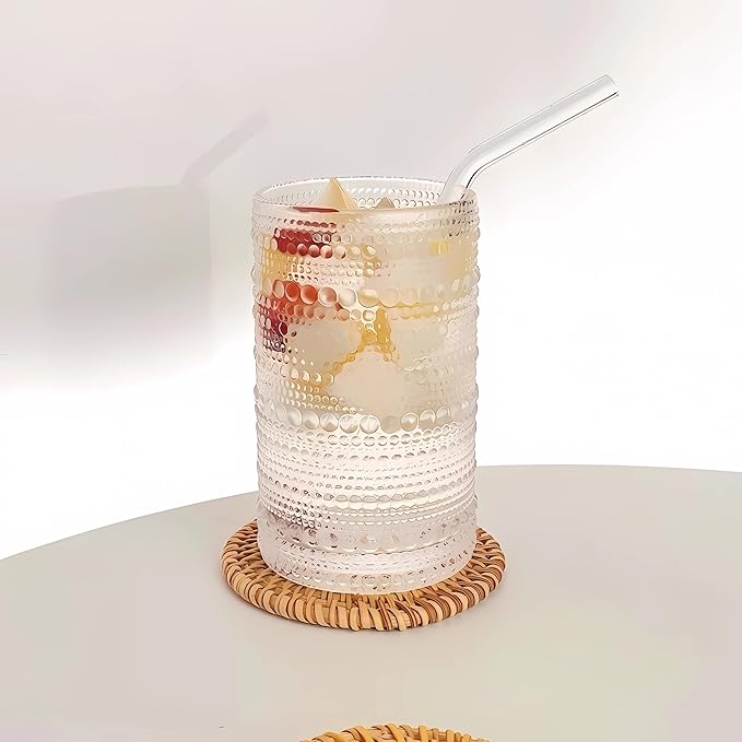 2 Pcs Iced Coffee Glasses Cups with Glass Lids and Straws,12 oz Thick Emboss Beaded Drinking Glass Cup Set,Latte Glasses,Ideal for Water,Soda,Gift - with Cleaning Brushe