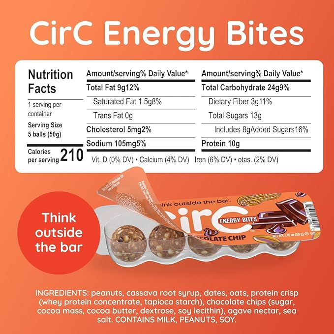 CirC Energy Bites - 6 Pack Peanut Chocolate Chip Gluten Free Protein Balls -10g Protein, Whole Grains, Nuts & Fruit - Portable Healthy Snacks for Adults & Kids, 5 Piece Resealable Packs