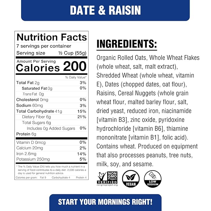 Rip's Big Bowl Cereal - PLANTSTRONG Date & Raisin (6-pack) Non-GMO Whole-Grain Plant-Based Oil Free Pack of 6 x 14oz Bags