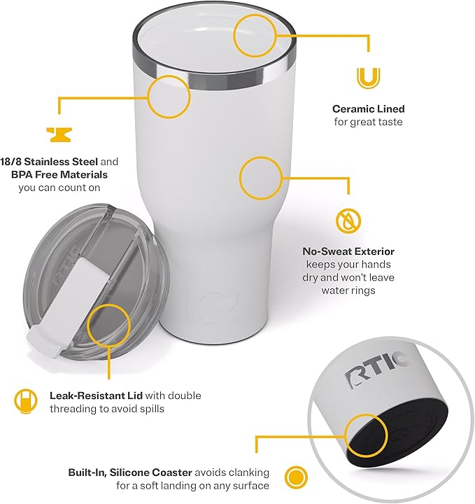 RTIC 40oz Essential Tumbler with Lid, Insulated, Stainless Steel, Metal, Double Wall Vacuum-Insulation, Ceramic Lined, Travel Cup for Iced Coffee, Tea, Hot and Cold Drink, White