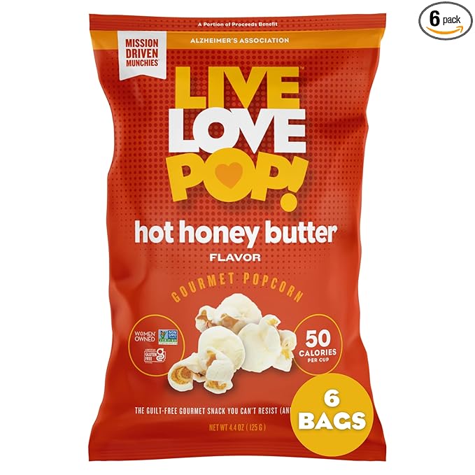 Live Love Pop Hot Honey Butter Flavored Gourmet Popcorn, 4.4 Oz (Pack of 6), Healthy Snack, Gluten Free, Vegan & Non-GMO, Mission Driven Munchies