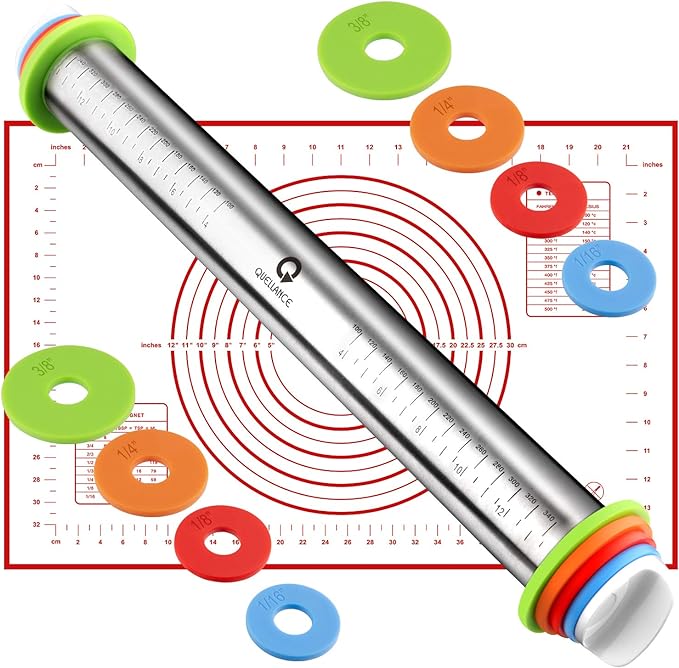 Rolling Pin and Pastry Baking Mat Set, Rolling Pins with Adjustable Thickness Rings, Stainless Steel Dough Roller for Baking Fondant, Pizza, Pie, Pastry, Pasta, Cookies (Red Mat)