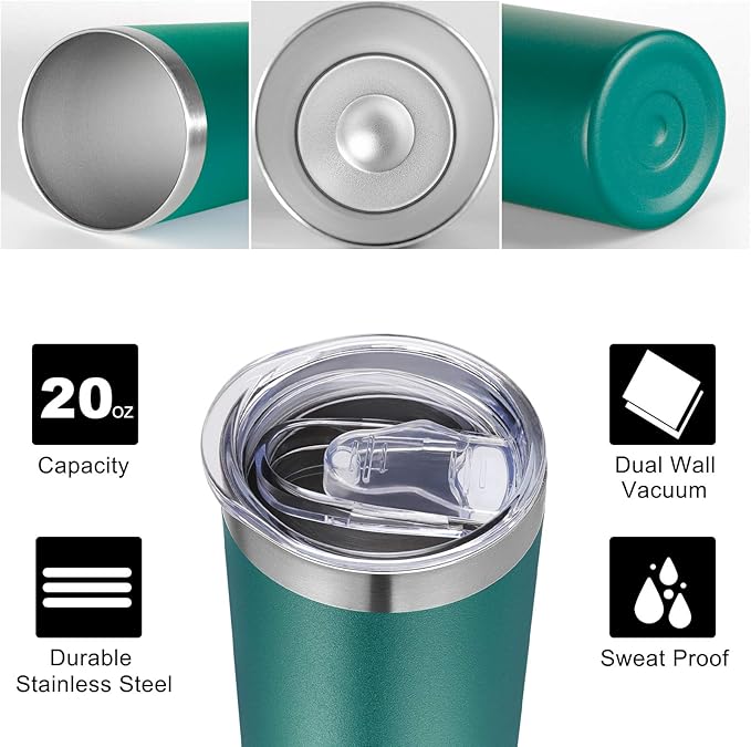 VEGOND Stainless Steel Skinny Tumbler, 20 oz Vacuum Insulated Tumbler with Lid and Straw, Double Wall Coffee Cup, Travel Mug for Cold Hot Drinks, Dark Green 1 Pack