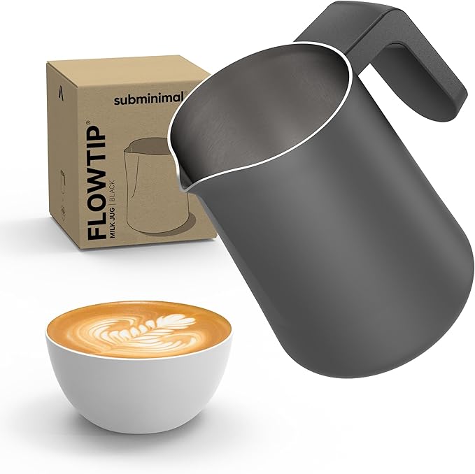 Subminimal FlowTip Milk Jug | Stovetop Milk Frothing, Foaming Pitcher for Premium Barista-Style Coffee at Home | Cappuccino & Latte Art Pouring Jug with Ergonomic Heat Resistant Handle | 450ml, Black