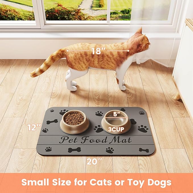 Pet Feeding Mat-Absorbent Pet Placemat for Food and Water Bowl, with Waterproof Rubber Backing, Quick Dry Water Dispenser Mat for Dog and Cat (12"x20", Bones)