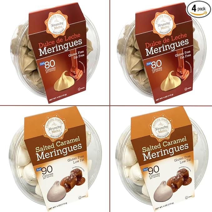 4 Pack Krunchy Melts Original Meringue Cookies | Caramel Delight 4-Pack | 2 Dulce de Leche, 2 Salted Caramel | Only 80-90 Calories Per Serving | Low Fat/Fat Free, Gluten Free, Dairy Free (4 Oz)