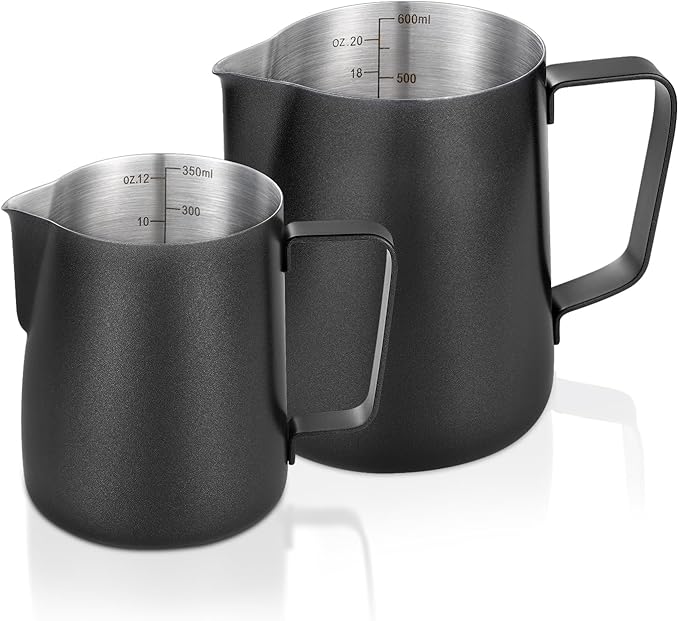 2 Pack Matte Black Milk Frothing Pitcher, 12oz/350ml & 20oz/600ml Espresso Steaming Pitcher, Stainless Steel Milk Frother Steamer Cup, Perfect for Espresso Coffee Cappuccino Latte Art