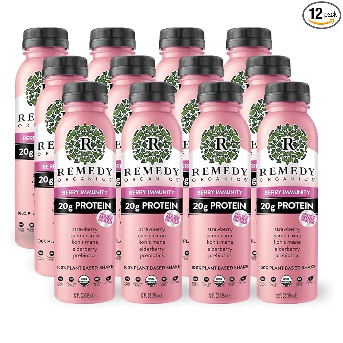 Remedy Organics Berry Immunity 12-Pack | Plant Based 20g Protein Shakes, Ready to Drink | USDA Organic, Gluten Free, Dairy Free, Soy Free