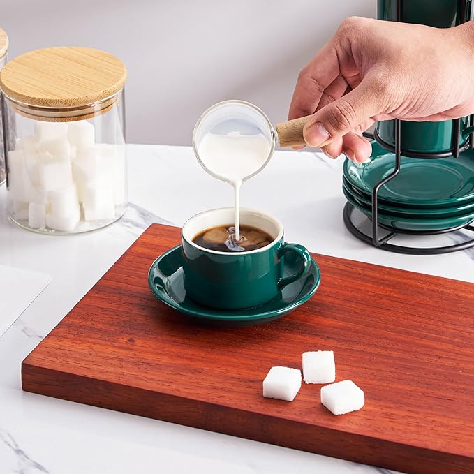 8oz Porcelain Stackable Cappuccino Cups with Saucers and Metal Stand Set of 4, Coffee Cups for Espresso, Specialty Coffee Drinks, Latte, Americano and Tea - Green