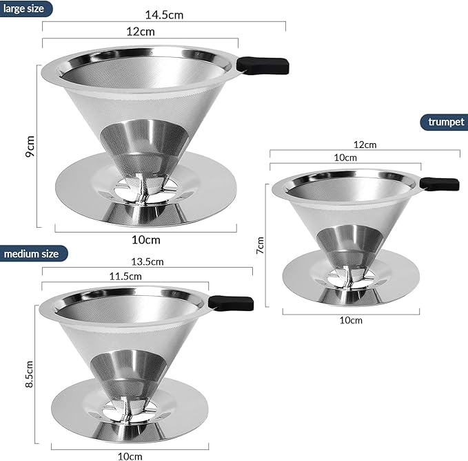 Pour Over Coffee Dripper-Stainless Steel Coffee Filter,Reusable Drip Cone Coffee Filter Portable Pour for 1-4 Cup (With Base, S)