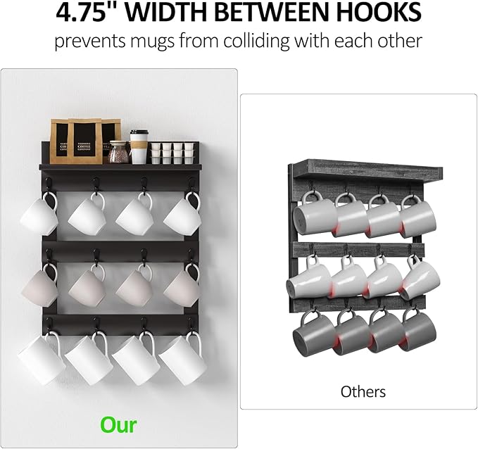 Mug Rack Wall Mounted, Coffee Cup Holder, Bamboo Mug Shelf with 12 Hooks for Home Kitchen Display and Collection