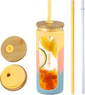 Kodrine 20oz Glass Tumbler with Straw and Lid, Iced Coffee Cups with Bamboo Lids, Glass Cups for Cold Drinks, Smoothie Cup with Silicone Sleeve for Travel, Work, BPA FREE-Blue Yellow
