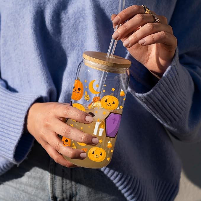 Cute Pumpkin Tumbler - 16oz Pumpkin Glass with Lid and Straw, Perfect for Autumn Themed Iced Coffee, Birthday and Fall Season Gift