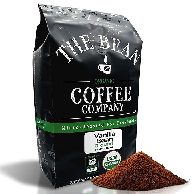 The Bean Organic Coffee Company Vanilla Bean, Medium Roast, Ground Coffee, 5-Pound Bag,Café molido tostado organico