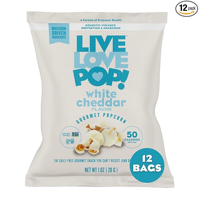 Live Love Pop White Cheddar Flavored Gourmet Popcorn, 1.0 Oz (Pack of 12), Healthy Snack, Gluten Free, Vegan & Non-GMO, Mission Driven Munchies