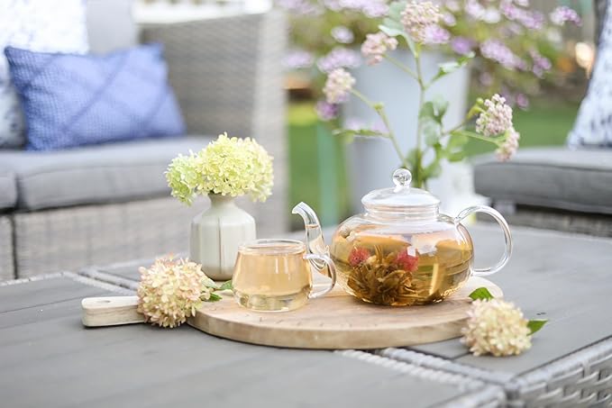 Teabloom Blossoms Glass Teapot – Stovetop and Microwave Safe Borosilicate Glass Teapot with Removable Loose Tea Glass Infuser (32 Oz) - Tea Purist's Choice