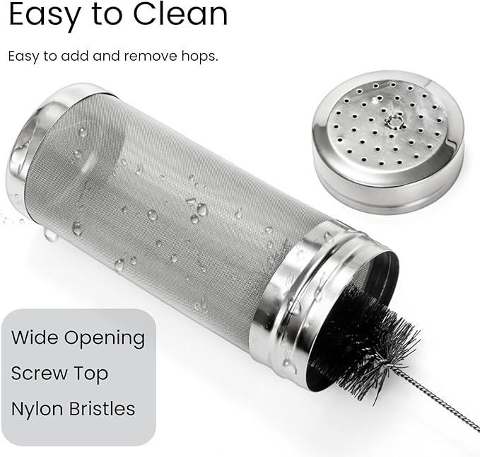 2 Pack Beer Dry Hopper Filters, 2.8 x 7 inch 300 Micron Mesh Hop Strainer with Lid, Stainless Steel Beer Hop Spider with Nylon Bristles, Brewing Filters Straining Keg for Home Coffee Wine Juice