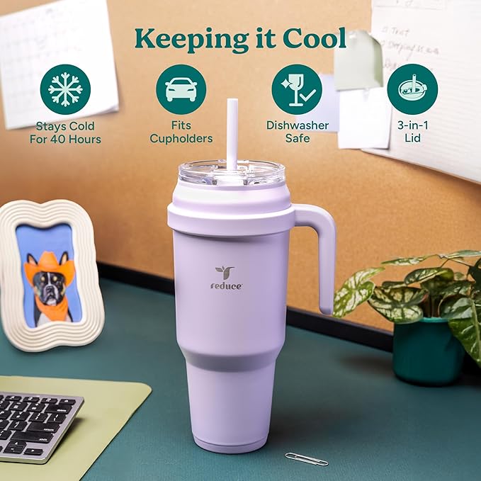 Reduce Reusable 50 oz Cold1 Water Tumbler – Ergonomic Handle – Double-Wall Insulation – Sturdy Desktop/Tabletop Mug with Lid and Straw -BPA-Free –Stainless Steel for Gym, Home, Office– Gentle Lavender
