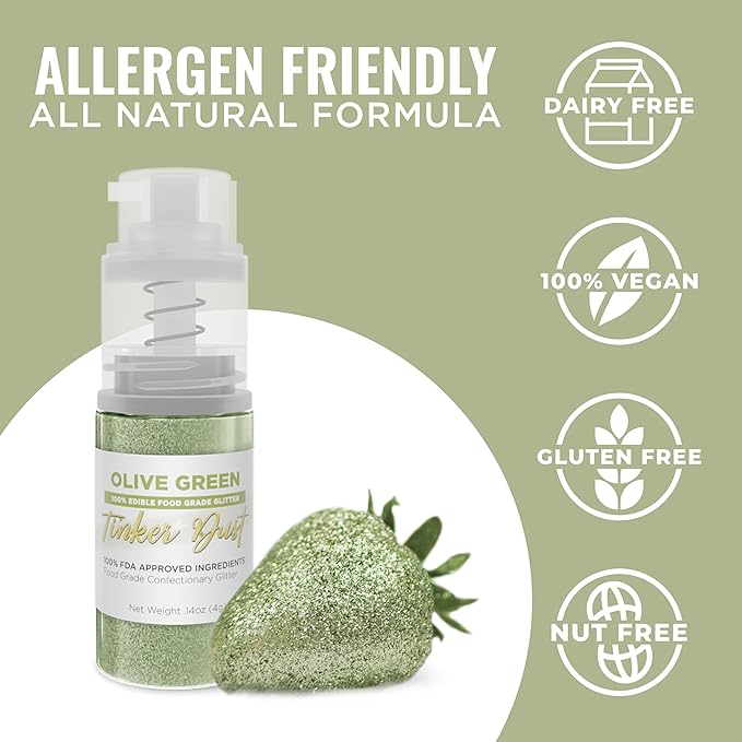 Bakell - Olive Green Tinker Dust (4g, 1x Mini Spray Pump) Edible Glitter for Food, Desserts, and Beverages!