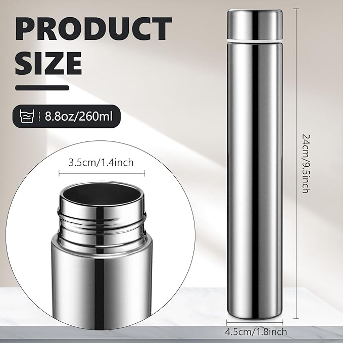 Vesici Slim Water Bottle 8.8 oz Small Stainless Steel Purse Compact Insulated Water Bottles Camping Travel Backpack Pocket Flask for Car Cold Coffee Tea(Silver,4 Pack)