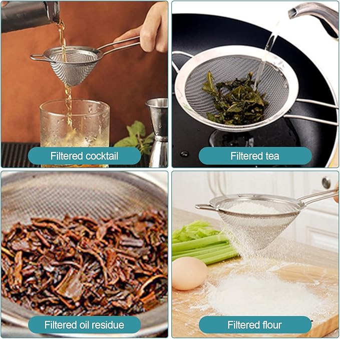 2 Pack Fine Mesh Strainer, Small Stainless Steel Sieves with Handles, for Steeping Loose Leaf Tea, Straining Cocktail, Juice and Sifting Flour, Powdered Sugar (2pcs-Conical)