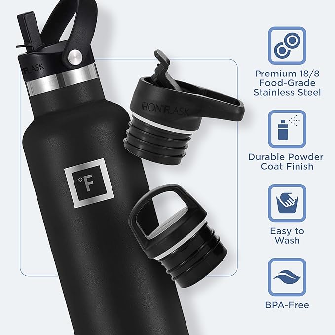 IRON °FLASK Sports Water Bottle - 24 Oz - 3 Lids (Narrow Straw Lid) Leak Proof Vacuum Insulated Stainless Steel - Hot & Cold Double Walled Insulated Thermos, Durable Metal Canteen