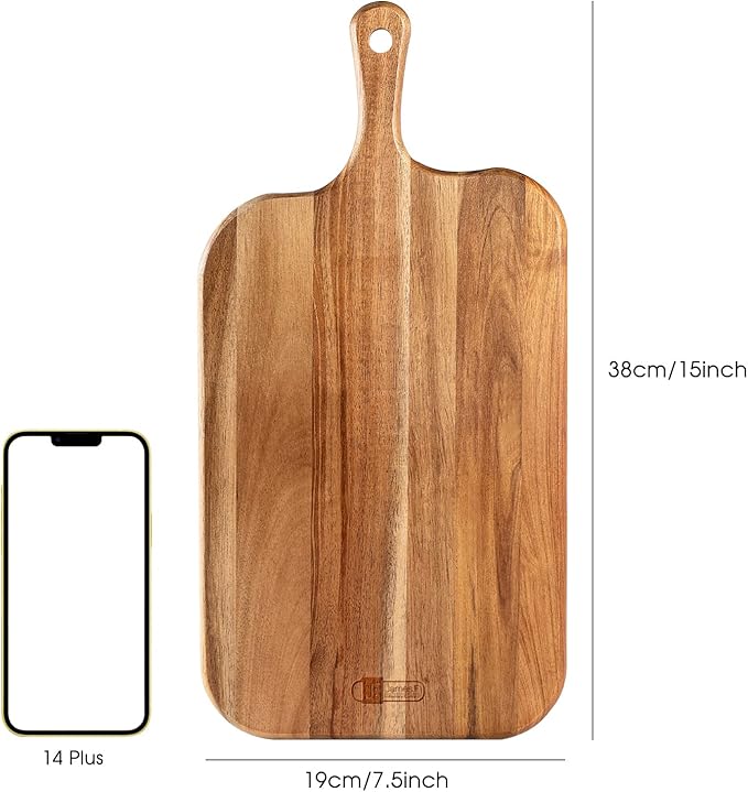 Serving Board, Acacia Wood Cutting Board with Handle Wooden Cheese Board Charcuterie Boards Wood Board for Food Bread Fruit 15x7.5x0.6 Inch