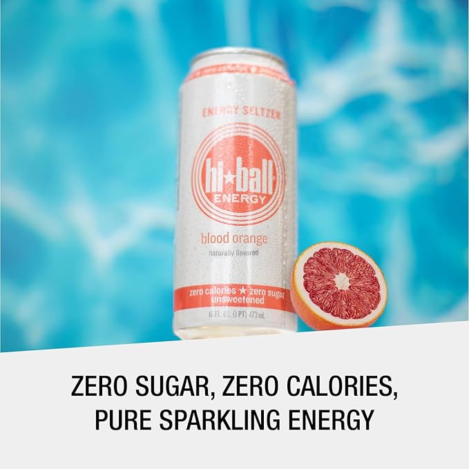 Hiball Clean Energy Drink - Blood Orange - Zero Sugar, Zero Calorie Sparkling Water with 160mg Organic Caffeine, 50mg Organic Ginseng, 50mg Organic Guarana and B Vitamins - 16 fl oz (8-Pack)