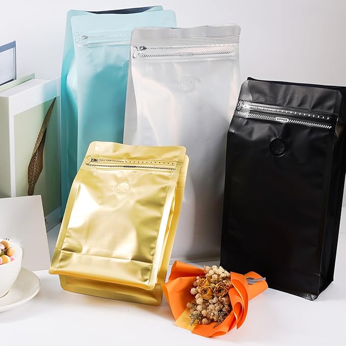 Coffee Bags with Valve (50 PCS,16oz/1lb) Black High Barrier Aluminum Foil Flat Bottom Standing Coffee Beans Storage Packaging Bags, Reusable Heat Seal Side Zipper Pouches for Small Business and Home